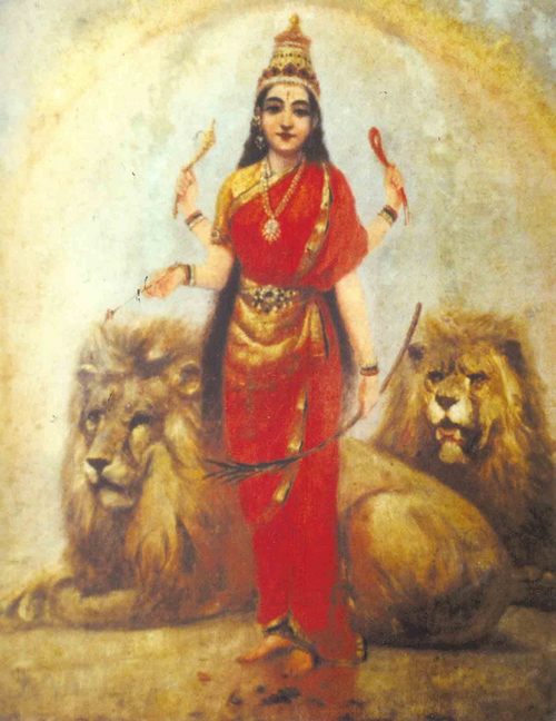 Goddess Durga with her lions, painting by Raja Ravi Varma