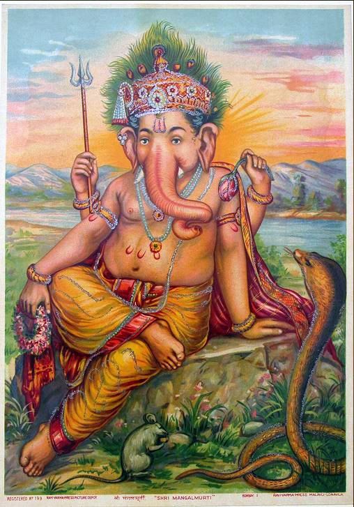 Lord Ganesha seated on a rock, a classic Ravi Varma Press print