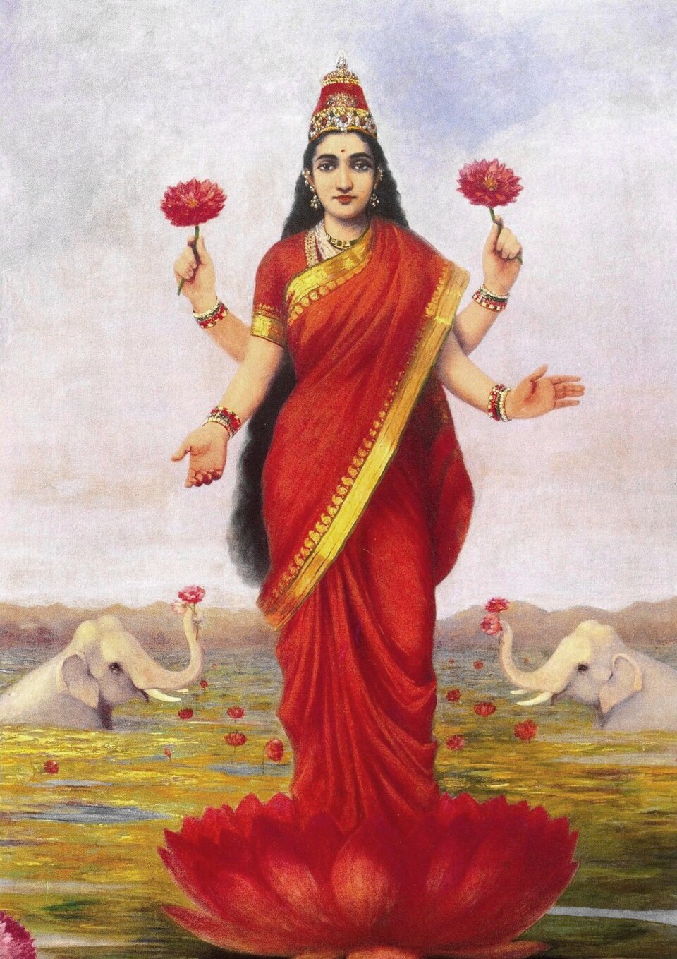 Goddess Lakshmi standing on a lotus, painting by Raja Ravi Varma, 1896