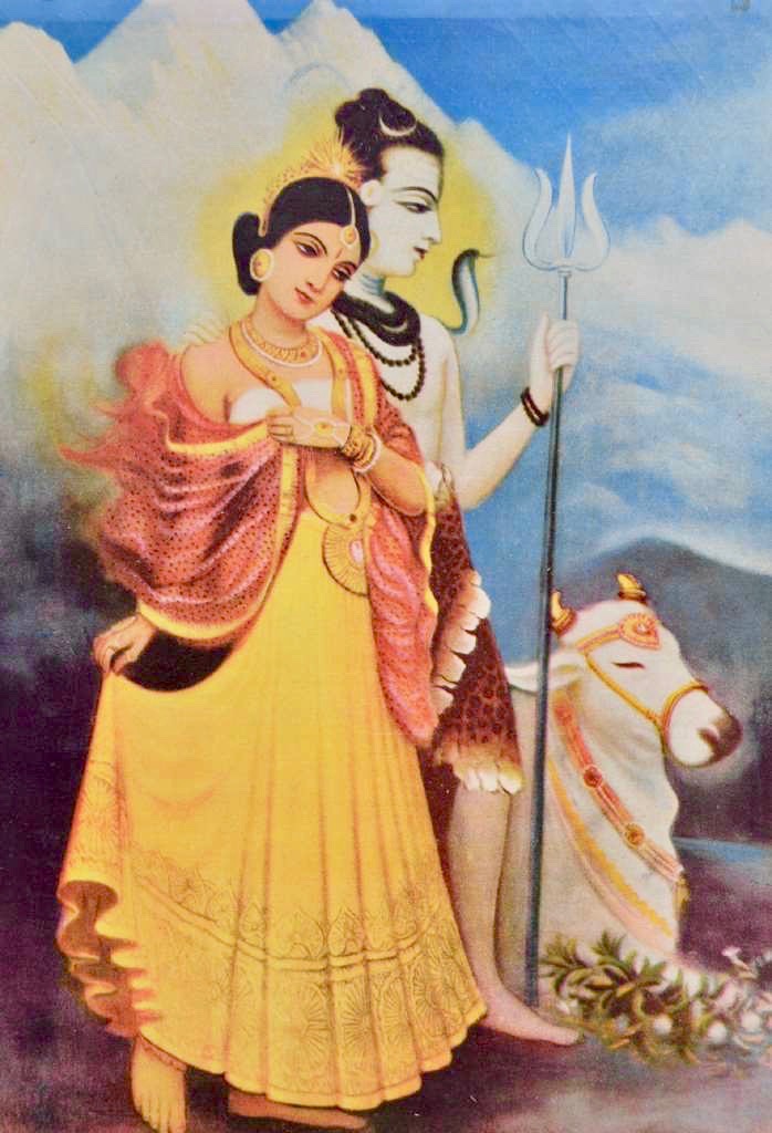 Lord Shiva with Goddess Parvati and Nandi, oleograph by Raja Ravi Varma