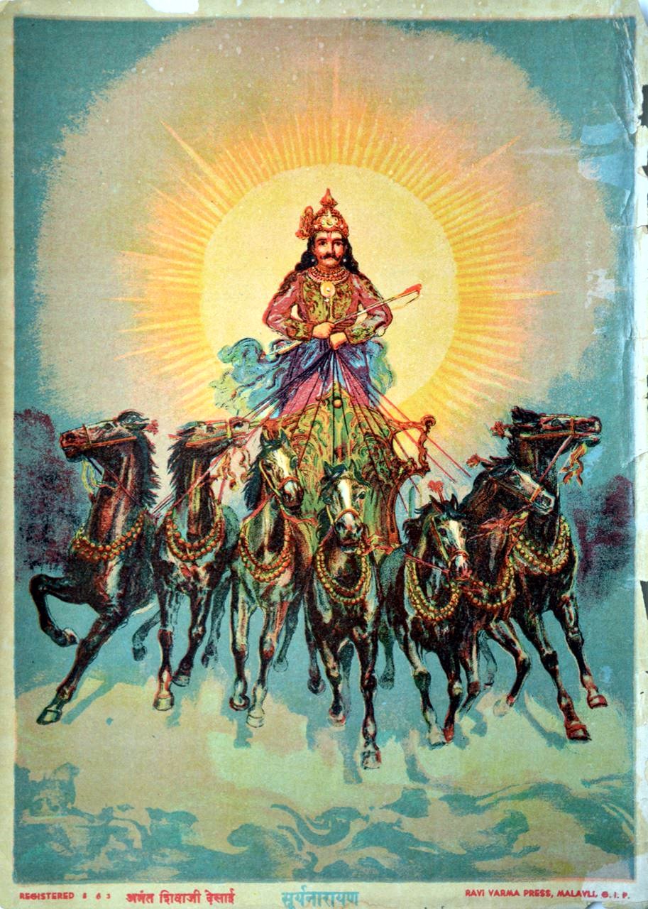 Surya the sun god riding his seven-horse chariot, Ravi Varma Press print